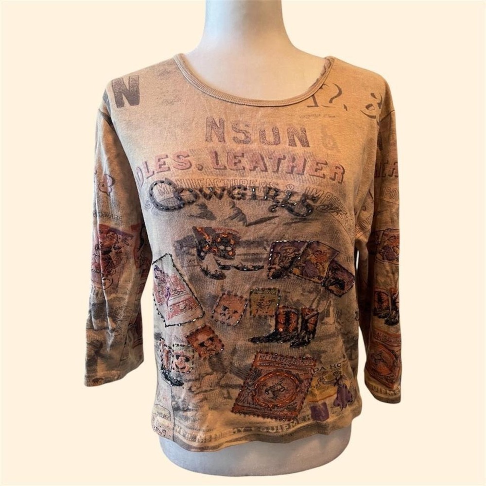 Take Two CowGirl Jeweled AOP Boho 3/4 Western Top size xl